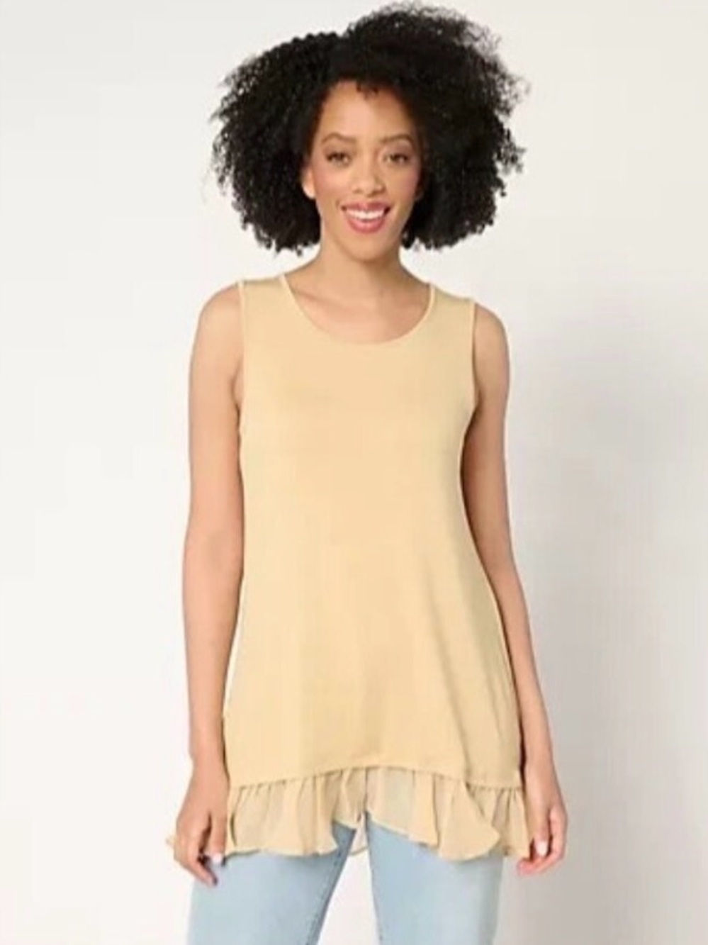 LOGO by Lori Goldstein Cream Ruffle-Hem Sleeveless Tank